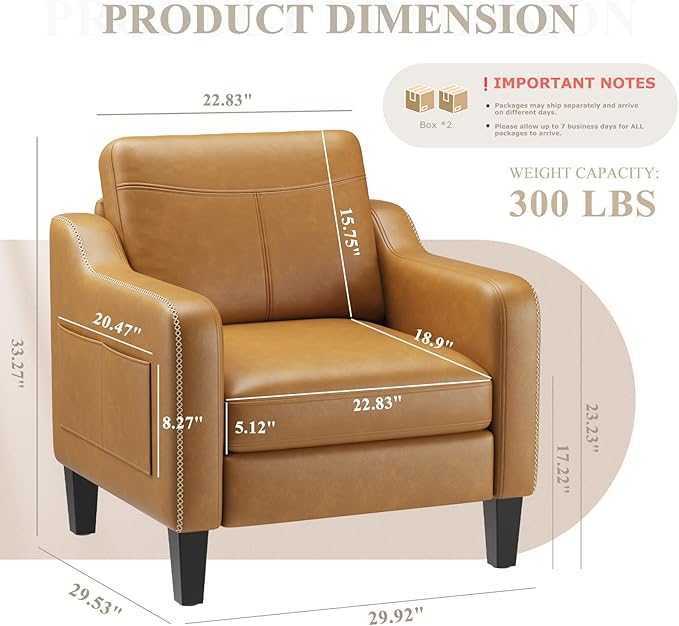 PU Leather Accent Chair Set of 2 Mid-Century Modern Living Room Armchair Sofa with Removable Cushions Solid Wood Frame &amp Stitched Armrest Design Bedroom Chair with Plastic Legs Brown