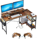 47'' L Shaped Gaming Desk with Power Outlets Reversible Corner Computer Desk with Monitor Stand Storage Shelves Side Bag Home Office Desks for Home Office Gaming (Black+Brown 47 Inch)