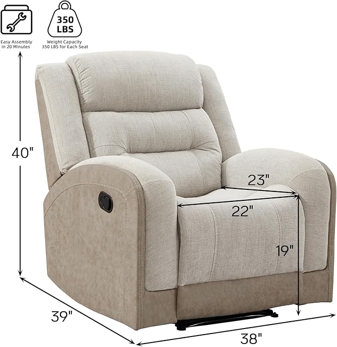 EBELLO Manual Recliner Chair Plush Fabric Single Recliner with Padded Seat Overstuffed Headrest and Supportive Footrest Perfect for Living Room Bedroom or Home Theater Beige