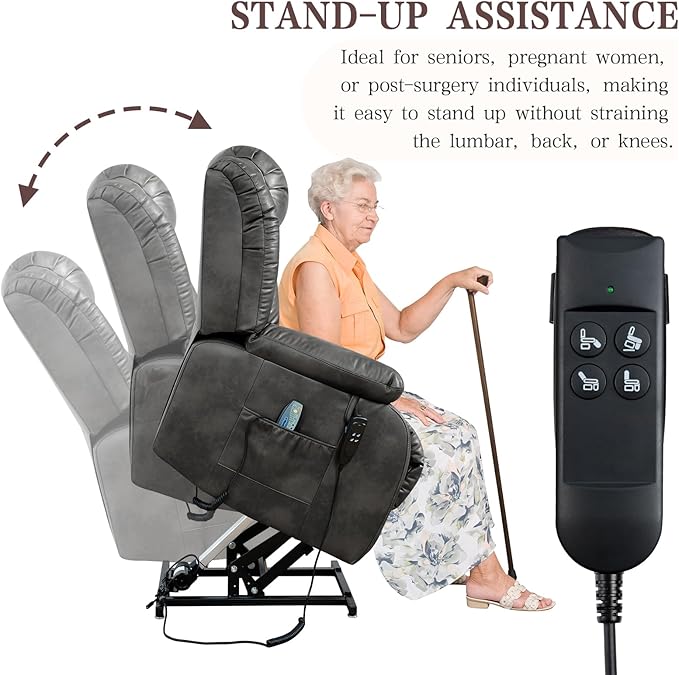 Infinite Position Lay Flat Lift Recliner Chair for Adults Dual Motor Power Lift Chair for Elderly with Massage &amp Heating USB Ports Remote Control &amp Lumbar Pillow Leather (Silver Grey)