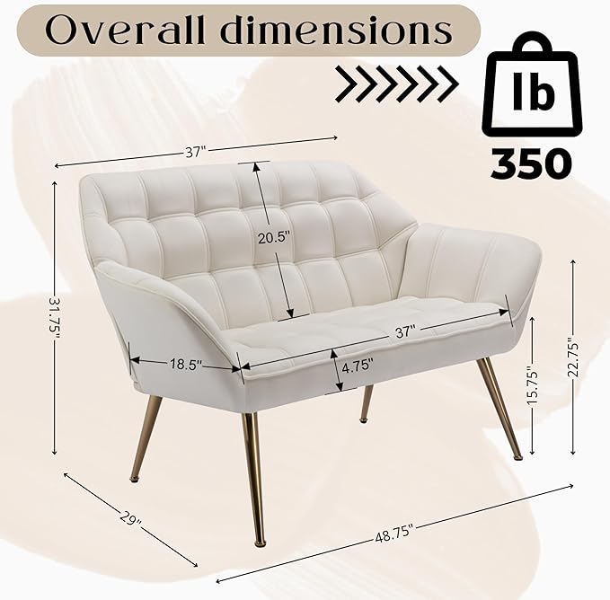 Small Loveseat Sofa 48 inch Velvet Love Seat for Living Room Comfy Mini Couch with Gold Legs for Small Spaces Bedroom Apartment Office Cream