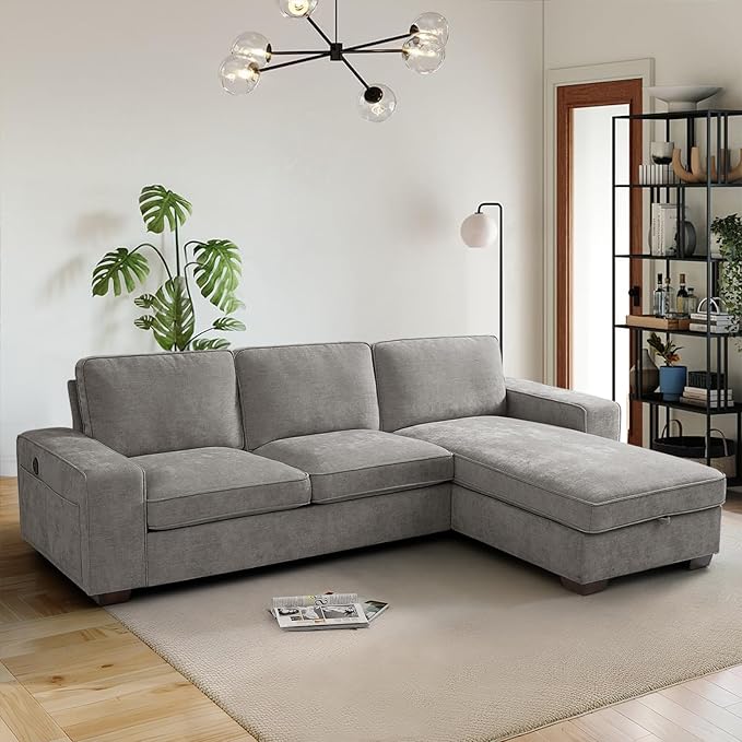 PARKOL 101 L-Shaped Sectional Couch with Storage Sofa with Reversible Chaise USB Type-C Charging Chenille Fabric Removable Cushion Covers for Small Space Apartment Living Room Light Gray