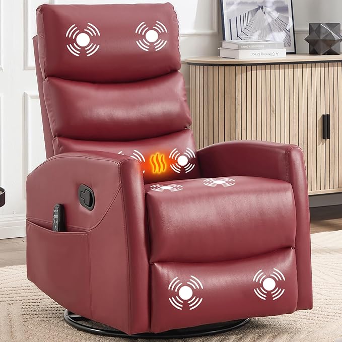 Massage Chair Recliner with Heat Swivel Rocking Chair Recliner with High Back Manual Lazy Boy Recliners for AdultsSmall Recliner Chair for Small Spaces Living Room Bedroom Fabric (Red)