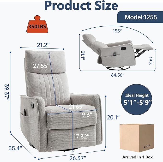 Massage Recliner Chair with Heat Slim Recliners for for Adults Swivel Rocking Chair Recliner with High Back Small Recliner Chair for Small Spaces Living Room Adjustable Footrest (Light Grey)