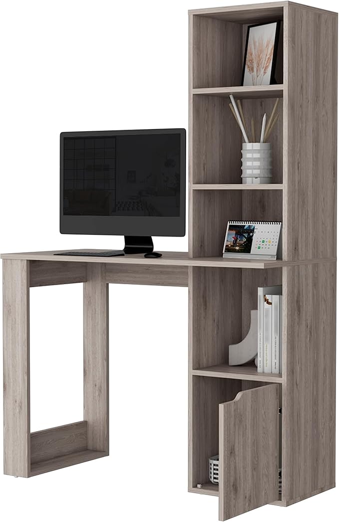 Home Office Desk Computer Desk with 4-Tier Bookcase and 1-Door Cabinet Gray