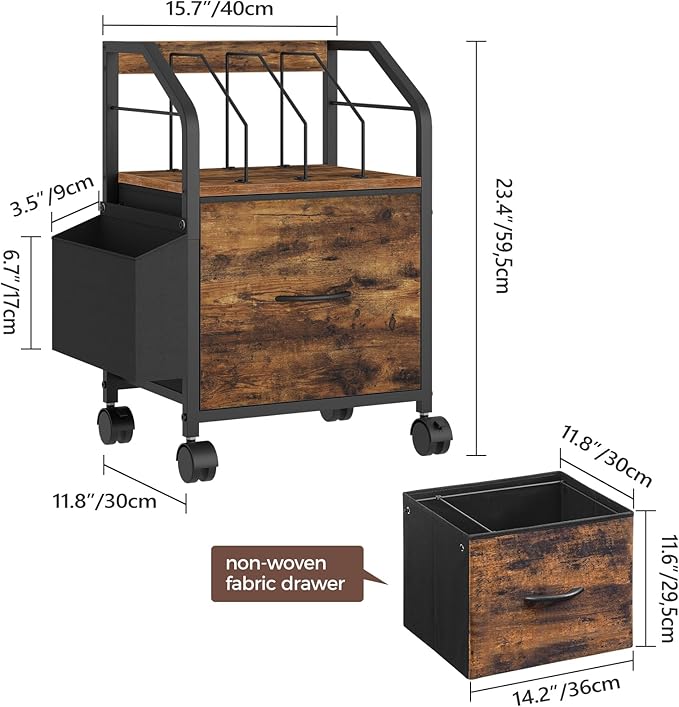 Small File Cabinet Rolling Filing Cabinet for Under Desk with Divider Single Non-Woven Fabric Drawer File Organizer for A4/Letter Size Documents Under Desk Storage Rustic Brown FCHR3001