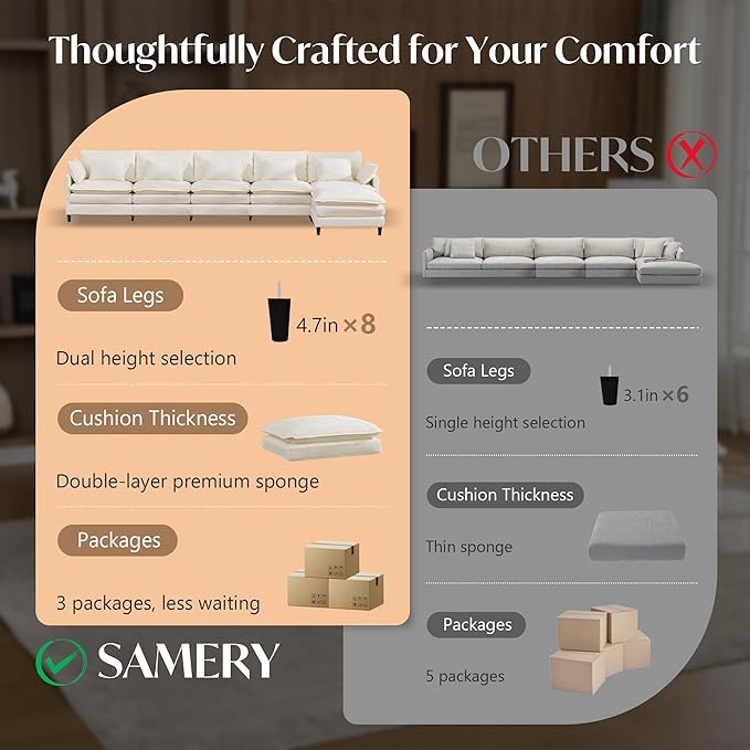 SAMERY 180.6 L Shaped Couch Cloud Sofa Modular Sectional Couch with Large Ottoman 5 Seater Chenille Oversized Deep Seat Sectional Sofa with Pillows for Living Room Bedroom Apartment