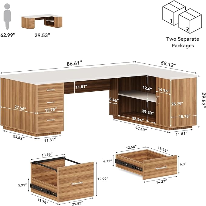 LITTLE TREE 87-Inch Modern Executive Desk with File Cabinet Large Home Office Desk with Drawers 3-Drawer Wooden File Cabinet Spacious Workstation for Home Office (White &amp Brown)