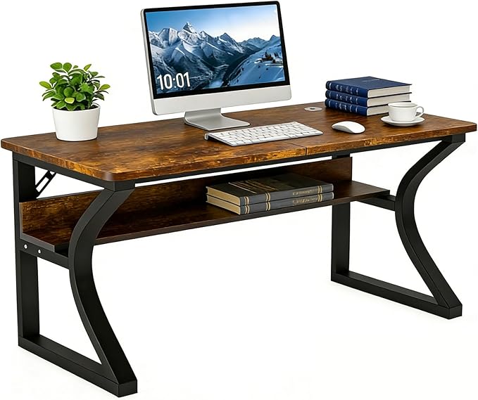 55 inch Computer Desk Home Office Desk with Storage Shelf Sturdy U-Shaped Metal Frame Study Table with Cable Management Gaming Desk for Office &amp Bedroom