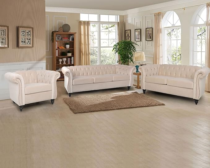 RARZOE Contemporary Velvet Chesterfield Chairs Chesterfield Velvet Club Chair Chesterfield Button Tufted Velvet Scrolled Arms Accent Chair with Nailhead Trim for Living Room Bedroom Office(Beige)