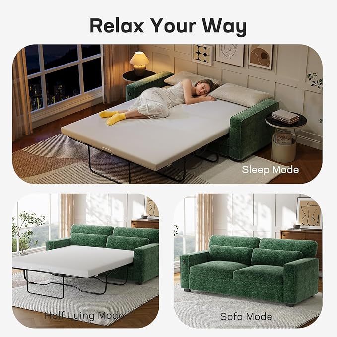 Marsail Pull Out Sofa Bed Queen Size Sleeper Sofa with Memory Foam Mattress 2-in-1 Convertible Chenille Couch Bed with 2 USB Charging and Removable Covers Loveseat for Living Room Apartment Green