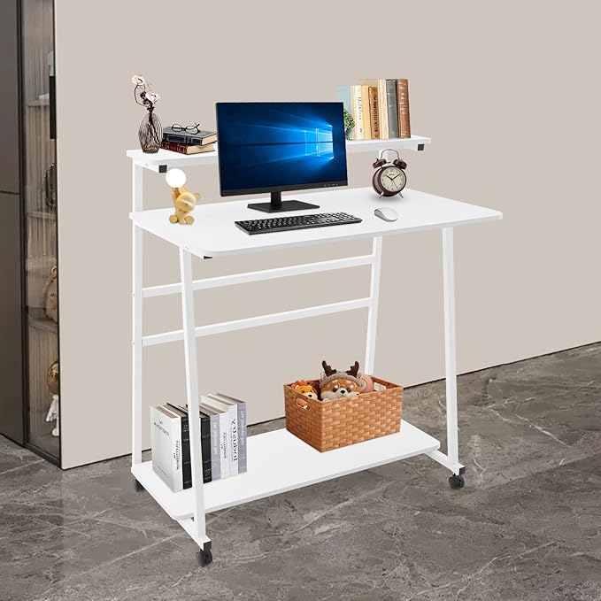 Small Office Mobile Computer Desk 3-Tier Laptop Table with Storage Shelves Tiny Computer Desk with Wheels for Home Office Bedroom Living Room Studio (White)