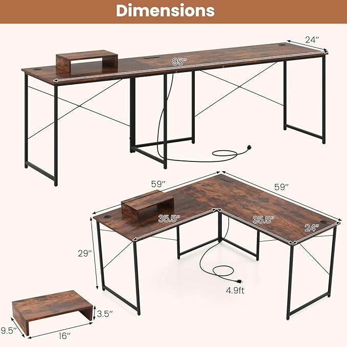 Tangkula L-Shaped Computer Desk with Power Outlets 95” Long 2-Person Desk with Monitor Shelf Modern Corner Desk Gaming Table with USB Ports for Home Office