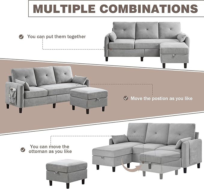 Convertible Sectional Sofa 77 Small L Shaped 3 Seat Couch with Reversible Storage Chaise Modern Polyester Fabric Sofa Couches for Living Room Apartment and Small Space Light Grey