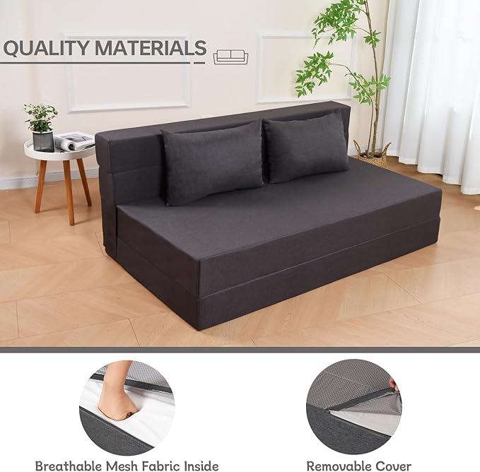 Folding Sofa Bed Foldable Bed Sleeper Chair with Pillow Convertible Sofa Bed with Washable Cover Fold Out CouchFuton Couch for Living Room Dorm Guest Room Queen Size Dark Grey