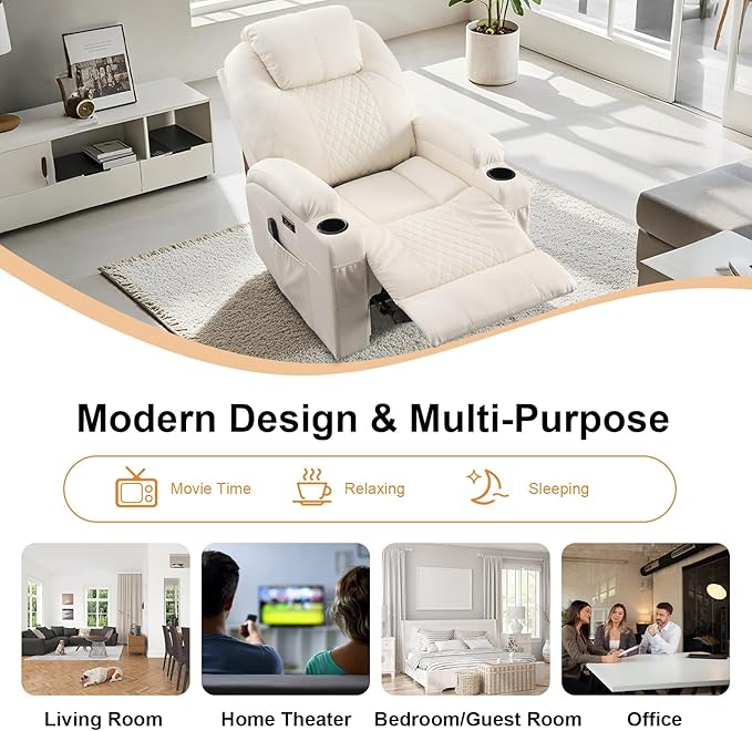 AHMED Power Recliner Chair with Vibration Massage &amp Heat for Adults Faux Leather Home Theater Seating with Cup Holders/LED Lights/USB Ports/Side Pockets for Living Room Beige
