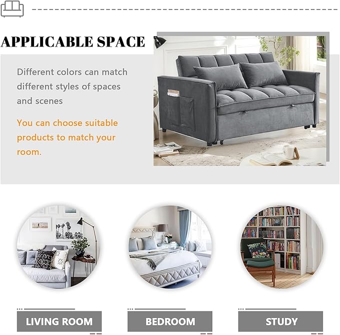 54 Convertible Sofa Bed Velvet Sleeper Sofa with Pull-Out Bed 3-in-1 Futon Couch with Reclining Backrest and Side Pocket Modern Loveseat for Living Room (Medium Grey)