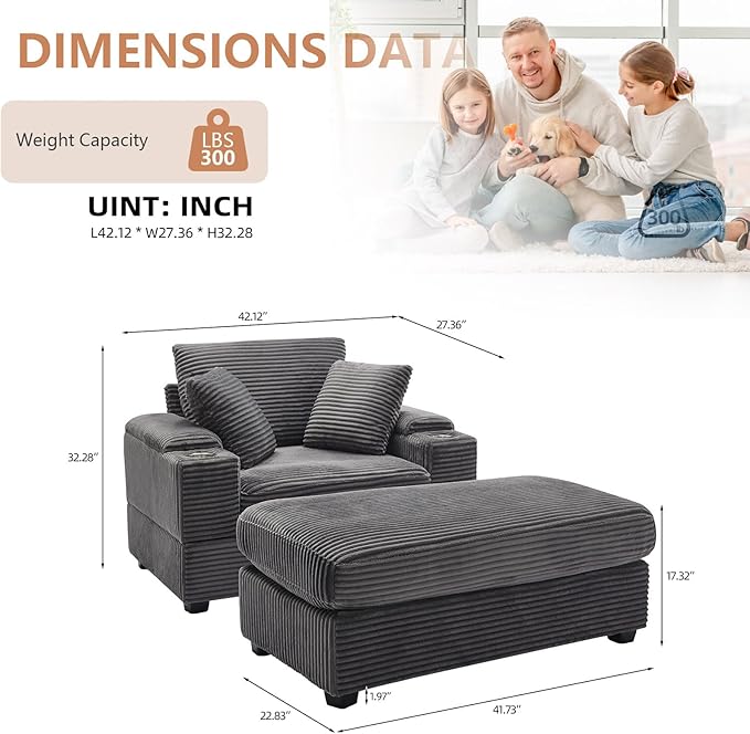 50 Oversized Chaise Lounge Chair Indoor with Ottoman and Storage Comfy Corduroy Sleeper Chair with Cup Holder Deep Seat Upholstered reading Chair Reclining Chair for Living Room Bedroom(Grey)