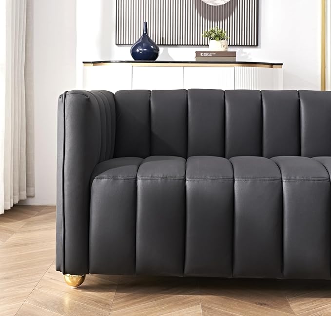 Direct Glam Fabric Upholstered Solid Wood Frame 82.7 Art Deco Sofa for Living Room Office Sophisticated 3 Seater Couch Black