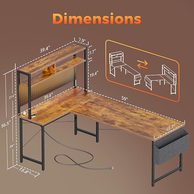 Mericonia 59 inch Large L Shaped Desk with Pegboard Hutch &amp Shelves Corner Gaming Desk with Power Outlet LED Light &amp Storage Bag Reversible Computer Desk for Home Bedroom Office Workspace