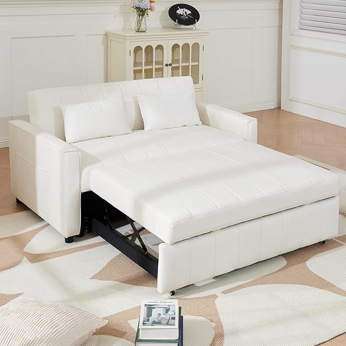 Convertible Sofa BedVelvet Sleeper Sofa Bed with Side Pockets 3 in 1 Pull Out Couch with Adjustable Backrest for Living Room Bedroom Apartment White