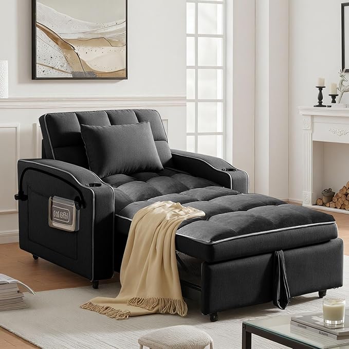 Sleeper Chair Pull Out Chair Sleeper with Bracket and Cup Holder Single Convertible Chairs Bed Sleepers for Adults 3 in 1 Sofa Bed Chairs for Small Spaces Living Room Black