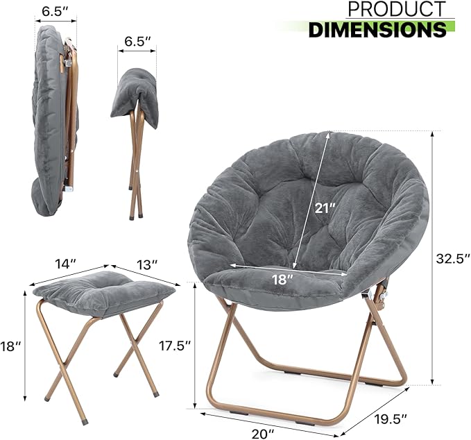 Magshion Folding Saucer Chair for Adults with Ottoman Circle Reading Chair for Bedroom Living Room &amp Dorm Furry Comfy Accent Seat with Metal Leg &amp Thick Padded for Small Spaces (Grey 2 Pac