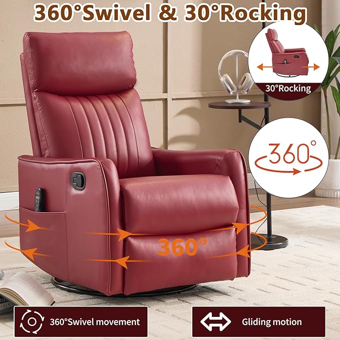 Massage Recliner Chair with Heat Slim Recliners for for Adults Swivel Rocking Chair Recliner with High Back Small Recliner Chair for Small Spaces Living Room Adjustable Footrest (Wine Red)