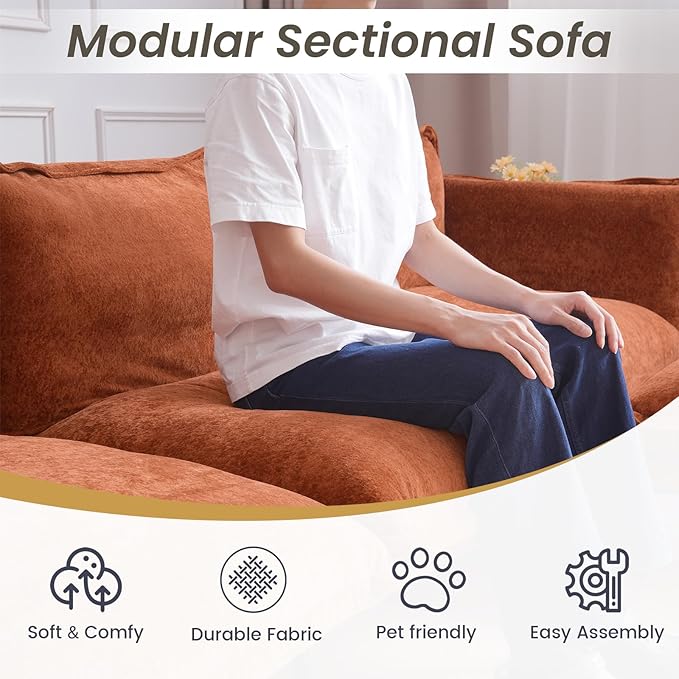 WJShome Sectional Couches for Living Room Velvet 147 Modern 4 Seater Sofa with Removable Cushions Comfort Deep Seat ForApartment 8 High Metal Legs Easy to Clean Terracotta