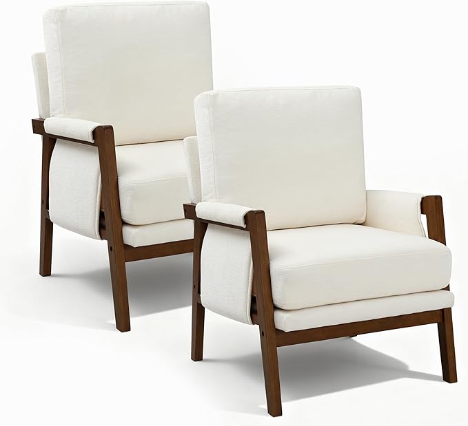 Accent Chairs for Living Room Set of 2 Modern Arm Chairs for Bedroom Wooden Upholstered Mid Century Accent Chairs Cream White