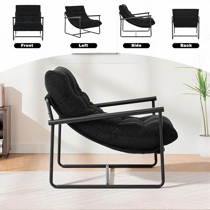 Modern Accent Chair for Living RoomArm Chair with Metal FrameUpholstered Armchair with Soft Cushion for Bedroom Lounge Reading Room (Black)