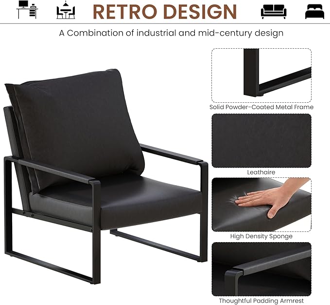AWQM Modern PU Leather Accent Chair Arm Chair with Extra-Thick Padded Backrest and Seat Cushion Sofa Chairs for Living Room Bedroom 105 Degree Slant Back Non-Slip Adsorption Feet-Black（Set of 1）