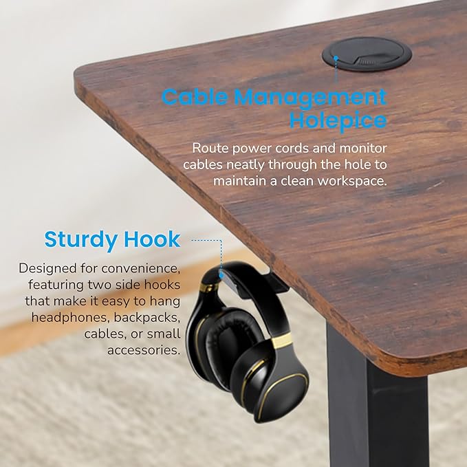 Hexago Electric Adjustable Height Standing Desk - 55 x 24 inch Sit to Stand Up Desk with Splice Board Rising Home Office Computer Table with 2 Hook and Wire Hole for Work -Rustic Brown