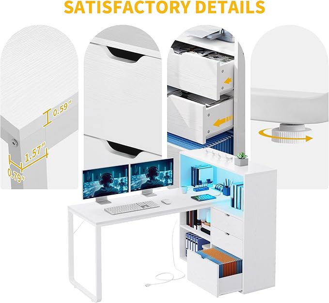DWVO L Shaped Desk with Drawers 55 Corner Computer Desk with Bookshelf &amp Power Outlets &amp LED Lights Home Office Desk with Storage Shelves White
