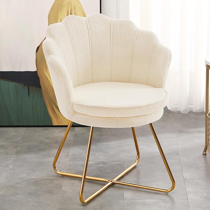 Furnimart Vanity Chair with Back Shell Accent Chair for Living Room Criss Cross Chair with Gold Legs Makeup Chair for Bedroom Desk Chair no Wheels Faux Fur White