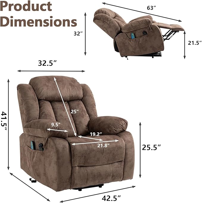 Power Lift Recliner Chair for Elderly Electric Recliner Chair with Massage and Heat Lift Recliner with Side Pocket &amp USB Charge Port for Living Room (Brown)