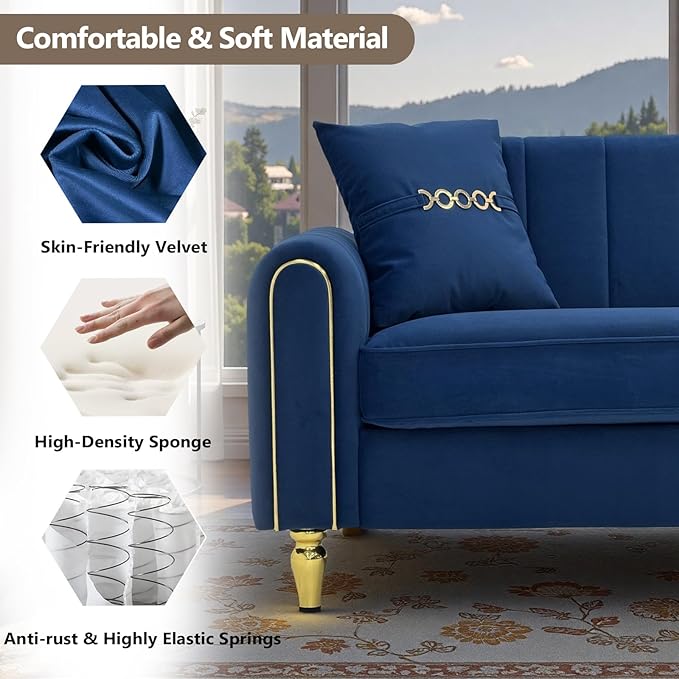 87.5 Modern 3-Seater Velvet Couch with Metal Legs &amp Decorative Pillows High Resilience Sponge Spring Seat Luxury Sectional Loveseat Sofa for Living Room Apartment Small Space Blue
