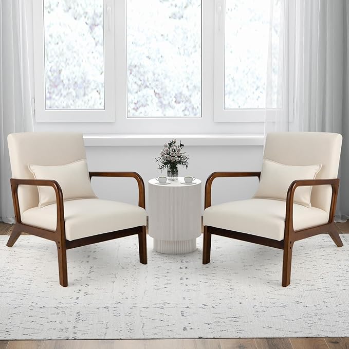 POWERSTONE Mid-Century Accent Chair Set of 2 - Upholstered Lounge Armchair with Pillow Solid Wood Legs Linen Fabric Modern Reading Leisure Chair for Living Room Bedroom Guest Room Beige