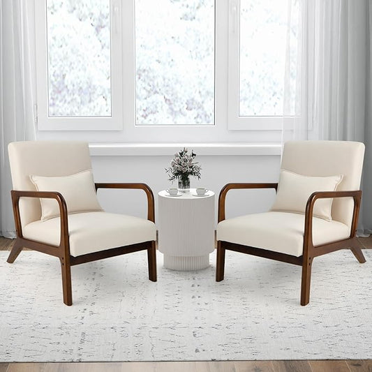 POWERSTONE Mid-Century Accent Chair Set of 2 - Upholstered Lounge Armchair with Pillow Solid Wood Legs Linen Fabric Modern Reading Leisure Chair for Living Room Bedroom Guest Room Beige