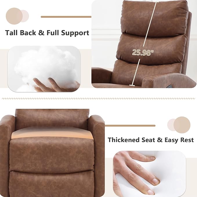 cinkehome Swivel Rocker Recliner Chair Upholstered Nursery Glider Recliner Chair with Heated Massage High Back Side Pocket (Light Brown PU Leather)