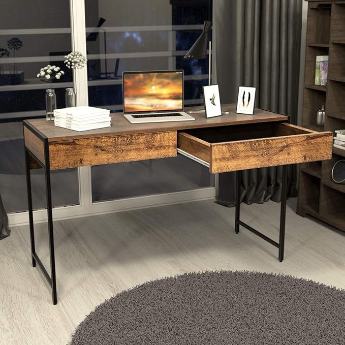 ERGOMASTER Home Office Desk with Drawers Black Modern Wood Desk Laptop Writing Computer Room Work Table for Bedrooms (44 Rustic)