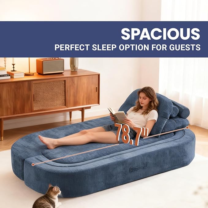 78.74 Convertible Sofa Bed Folding Loveseat Sleeper Sofa 2 in 1 Chenille Floor Couch Bed Foam Compressed Sofa with Pillows &amp Blanket for Living Room Apartment Studio Office (Dark Blue)
