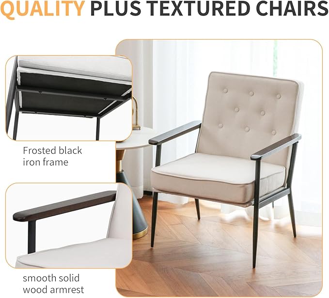 Living Room Chairs Mid Century Modern Accent/Arm Chair Upholstered Fabric Armchairs with Wood Legs for Home Office Bedroom Living/Reception Room (White)