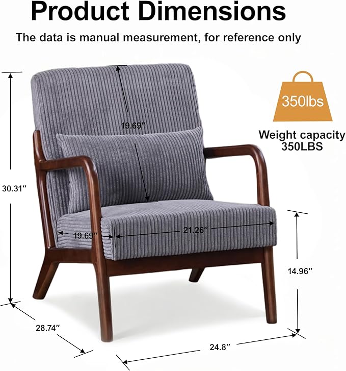 Accent Chair Comfy Arm Chair with Solid Wood Frame Upholstered Mid-Century Modern Chair for Living Room Bedroom Waiting Room Dark Grey