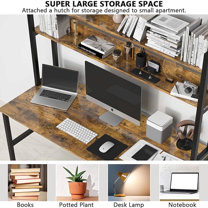 Aquzee Computer Desk with Hutch Bookshelves 55 Inch Home Office Writing Desk with Space Saving Design Gaming Table Organized Desk with Storage Shelves Bookshelf Easy Assemble Rustic Brown