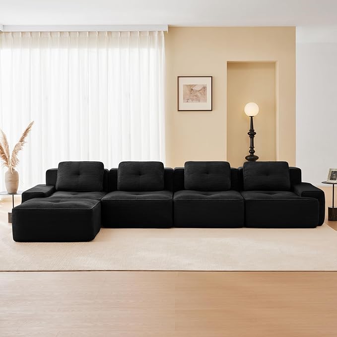 150 Modern Boneless Couches for Living Room Corduroy Cloud Couch Sectional Black Modular Sectional Sofa 4 Seater with 1 Ottoman Sofas para Sala L Shape Sofas &amp Couches (Black 4+1 Set)