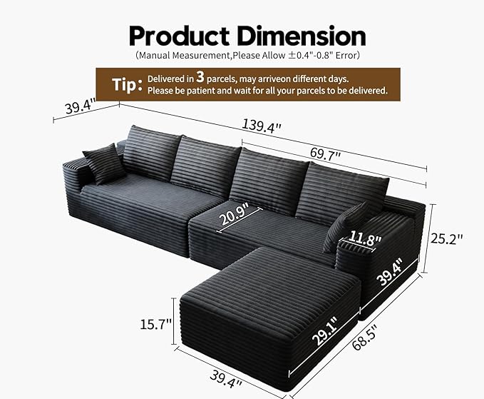 139.4 L Shaped Cloud Sectional Sofa for Living Room Plush Corduroy Cover Fluffy Memory Foam Cushions No Assembly Required Modular Chaise Lounge Oversized Comfortable Couches Set Black