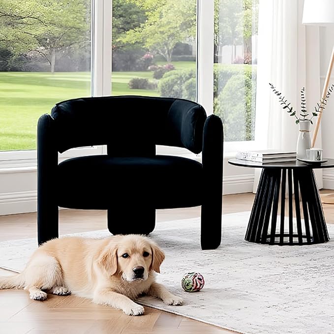 HNY Mid Century Modern Velvet Barrel Accent Chair Comfy Round Upholstered Armchair with Open Back Side Club Chair Lounge Arm Chair for Living Room Bedroom Waiting Rooms Small Spaces Black
