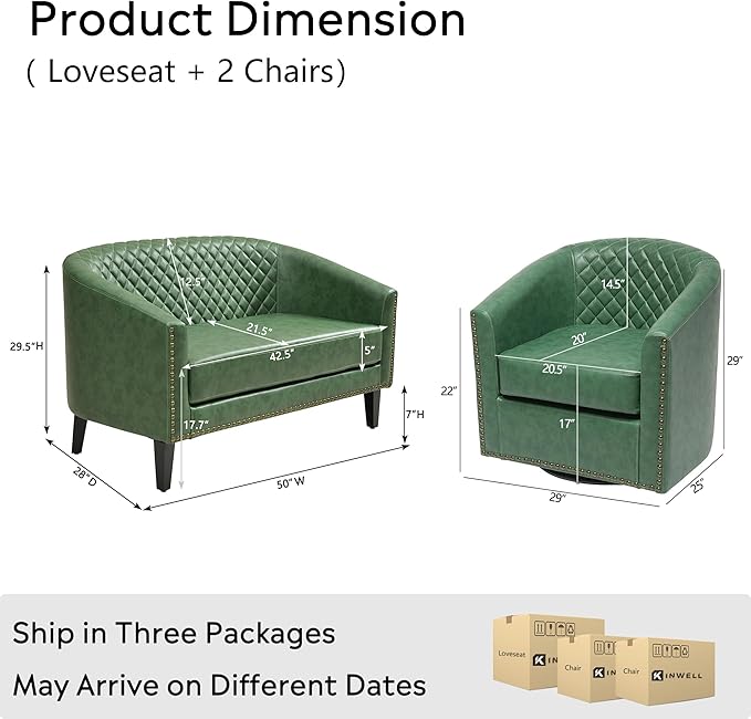 KINWELL 50 Faux Leather Upholstered Loveseat Sofa with 2 Swivel Barrel Accent Chairs Minimalist Comfy 2-Seater Couch and Armchair for Small Spaces Apartment Green