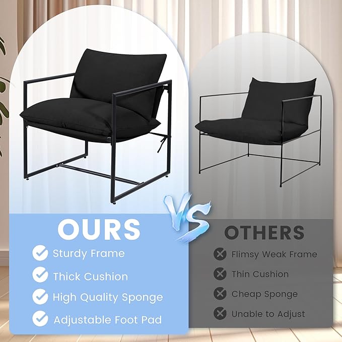 Kromax Sling Accent Chair Set of 2 Cozy Living Room Chairs Square Metal Frame Upholstered Soft Cushion Sponge 28 x28“x32 Easy Assembly Black